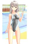  1girl absurdres blue_eyes blurry breasts competition_swimsuit covered_navel cowboy_shot depth_of_field girls_und_panzer grey_swimsuit highleg highleg_swimsuit highres itsumi_erika looking_at_viewer medium_breasts medium_hair one-piece_swimsuit parted_lips pool silver_hair solo standing string_of_flags swimsuit takafumi 