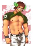  1boy abs american_football_uniform animal_ears bara bare_pectorals brown_eyes brown_hair bulge cow_boy cow_ears cow_horns dark-skinned_male dark_skin facial_hair feet_out_of_frame fiery_horns forked_eyebrows glowing_horns goatee highres horns large_pectorals male_focus mouth_hold muscular muscular_male navel navel_hair nipples pants pectorals shibao shirt_in_mouth short_hair solo spiked_hair sportswear stomach thick_eyebrows tokyo_afterschool_summoners underpec wakan_tanka white_pants 