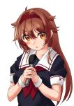  1girl black_serafuku brown_eyes brown_hair commentary_request hair_flaps hairband kantai_collection mayura2002 microphone orange_eyes red_hairband remodel_(kantai_collection) sailor_collar school_uniform serafuku shiratsuyu_(kantai_collection) simple_background solo upper_body white_background white_sailor_collar wrist_cuffs 