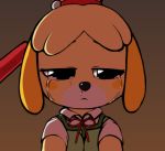  animal_crossing anthro bell black_eyes bodily_fluids breasts canid canine canis cleavage clothed clothing collar crying cute_face domestic_dog e254e executioner female fur guilty hi_res isabelle_(animal_crossing) mammal nintendo sad small_mouth snot solo sunset tears video_games yellow_body yellow_fur 