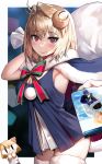  1girl absurdres arcueid_brunestud artoria_pendragon_(all) bangs blonde_hair blu-ray_cover blue_capelet blush breasts capelet christmas cleavage closed_mouth cosplay cover crescent crescent_hair_ornament eyebrows_visible_through_hair fate/grand_order fate_(series) green_neckwear green_ribbon hair_ornament highres huge_filesize looking_at_viewer medium_breasts red_eyes ribbon santa_alter santa_alter_(cosplay) short_hair smile solo suou-sensei thighhighs tsukihime 