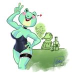  1:1 amphibian amphibian_humanoid animal_humanoid big_breasts breasts clothed clothing digital_media_(artwork) female frog frog_humanoid humanoid kermit_the_frog looking_at_viewer male male/female muppets simple_background solo 