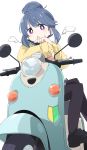  1girl blue_hair ground_vehicle hair_bun ixy looking_at_viewer motor_vehicle motorcycle purple_eyes scooter shima_rin short_hair simple_background sitting solo vespa white_background yurucamp 