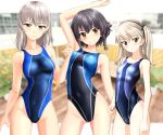  absurdres bangs beach_umbrella bench black_hair black_hairband black_swimsuit blue_eyes blue_swimsuit blurry braid breasts brown_eyes chair commentary_request competition_swimsuit covered_navel cowboy_shot depth_of_field fence girls_und_panzer grin hairband head_tilt highleg highleg_swimsuit highres huge_filesize itsumi_erika light_brown_hair long_hair looking_at_viewer medium_breasts medium_hair one-piece_swimsuit one_side_up parted_lips pepperoni_(girls_und_panzer) plant potted_plant shimada_arisu short_hair side_braid silver_hair small_breasts smile standing string_of_flags swimsuit takafumi two-tone_background umbrella 