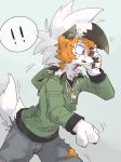  ! ambiguous_gender anthro black_claws blue_background bodily_fluids bottomwear brown_eyes canid canine claws clothing dusk_lycanroc ear_growth finger_claws fur green_clothing green_hoodie green_topwear grey_bottomwear grey_clothing grey_pants growth hi_res hoodie human_to_anthro lycanroc mammal mid_transformation nintendo orange_body orange_fur pants pok&eacute;mon pok&eacute;mon_(species) sharp_teeth simple_background snout snout_growth solo species_transformation sweat tail_growth teeth tongue topwear torn_bottomwear torn_clothing torn_pants transformation video_games white_body white_fur wide_eyed じゅうっとん 