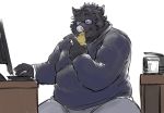  2021 anthro black_body black_fur bottomwear clothing computer eating exe_exem eyewear food fur glasses humanoid_hands kemono male mammal overweight overweight_anthro overweight_male pants pizza shirt sitting solo suid suina sus_(pig) topwear wild_boar 