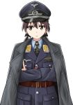  1girl bird brown_eyes brown_hair eagle gertrud_barkhorn hat highres insignia iron_cross luftwaffe military military_hat military_jacket military_uniform peaked_cap strike_witches swastika twintails uniform user_wheh8572 world_witches_series 