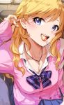  1girl adjusting_hair bangs blonde_hair blue_eyes blue_neckwear blush breasts candy cardigan cleavage collarbone commentary_request food from_above goshiki_suzu hand_up highres idolmaster idolmaster_cinderella_girls jewelry large_breasts long_hair looking_at_viewer looking_up necklace ootsuki_yui open_mouth pink_cardigan shirt smile solo striped striped_neckwear white_shirt 