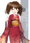  1girl artist_name brown_hair character_name closed_eyes cowboy_shot floral_print highres inaba_shiki japanese_clothes kantai_collection kimono long_hair looking_at_viewer open_mouth red_kimono ryuujou_(kantai_collection) smile solo standing twintails 