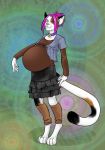  2006 anthro bell bell_collar belly big_belly black_body black_fur brown_body brown_eyes brown_fur calico_cat clothed clothing collar domestic_cat dress felid feline felis female fur gradient_background hair highlights_(coloring) hippie leg_warmers legwear mammal mottled piebald pink_hair plantigrade pregnant psychedelic shirt simple_background solo thealtoid topwear white_body white_fur 