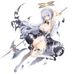  1girl arm_up bangs black_footwear braid breasts cleavage dennou_tenshi_jibril eyebrows_visible_through_hair full_body halberd halo holding holding_weapon huge_breasts long_hair long_sleeves maid_headdress official_art petticoat polearm showgirl_skirt sideboob silver_eyes silver_hair single_sleeve solo thighhighs torn_clothes transparent_background very_long_hair weapon white_legwear 