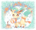  bow brown_eyes commentary_request cup flower frills gen_4_pokemon jippe leaf leafeon light_blush looking_down mouth_hold no_humans orange_bow orange_flower paws pokemon pokemon_(creature) pouring saucer solo standing teacup teapot toes 