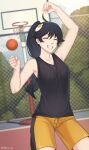  1girl ahoge araragi_karen arm_up ball bangs bare_arms bare_shoulders basketball basketball_court black_hair black_shorts breasts chain-link_fence closed_eyes commentary cowboy_shot egg egg_hair_ornament fence food-themed_hair_ornament fried_egg grin hair_ornament highres long_hair medium_breasts monogatari_(series) orange_shorts ponytail shellvi shorts smile solo sportswear sunny_side_up_egg teeth 