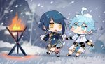  2boys ahoge aqua_eyes aqua_hair bangs blue_hair blush_stickers boots chibi chinese_clothes chongyun_(genshin_impact) closed_mouth day fire food frills genshin_impact holding holding_hands jewelry male_focus multiple_boys open_mouth outdoors popsicle shikishi46 shorts single_earring snow snow_on_head snowing sweat vision_(genshin_impact) wavy_hair xingqiu_(genshin_impact) yellow_eyes 