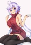  1girl ahoge backless_outfit bare_arms bare_shoulders black_legwear bow bow_legwear breasts closed_mouth dress eating food food_on_face fork hair_ornament hair_scrunchie holding holding_fork holding_plate large_breasts long_hair looking_at_viewer low_twintails meme_attire plate plum_(arch) purple_eyes purple_hair red_bow red_dress red_sweater scrunchie senki_zesshou_symphogear sideboob simple_background sitting solo sweater sweater_dress thighhighs turtleneck turtleneck_sweater twintails very_long_hair virgin_killer_sweater wariza wavy_mouth white_background yukine_chris zettai_ryouiki 