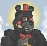  2020 ambiguous_gender animatronic anthro black_body bow_tie clothing cloud five_nights_at_freddy&#039;s freckles freddy_fazbear&#039;s_pizzeria_simulator hat headgear headwear heterochromia lefty_(fnaf) looking_aside looking_at_viewer machine mammal mr.wormdwideweb multicolored_body outside red_cheeks robot shush signature sky solo star sun ursid ursine video_games 