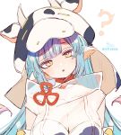  1girl ? animal_ears animal_print blue_hair breasts cleavage cow_ears cow_girl cow_hat cow_horns cow_print ear_piercing granblue_fantasy head_tilt high_collar highres horns large_breasts long_hair looking_at_viewer parted_lips piercing red_eyes see-through shatola_(granblue_fantasy) sidelocks signature simple_background sofra solo twitter_username upper_body very_long_hair white_background 