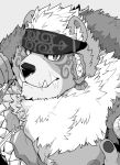  2020 accessory anthro facial_markings facial_scar greyscale head_markings headband hi_res kimun_kamui_(tas) kmd023 male mammal markings monochrome pawpads scar solo tokyo_afterschool_summoners ursid video_games 