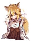  1girl absurdres animal_ear_fluff animal_ears bangs blonde_hair blush brown_eyes brown_hakama double_fox_shadow_puppet eyebrows_visible_through_hair fox_ears fox_girl fox_shadow_puppet fox_tail hair_between_eyes hakama hands_up highres japanese_clothes kimono long_sleeves miko notice_lines ribbon-trimmed_sleeves ribbon_trim senko_(sewayaki_kitsune_no_senko-san) sewayaki_kitsune_no_senko-san signature simple_background sofra solo tail twitter_username white_background white_kimono wide_sleeves 