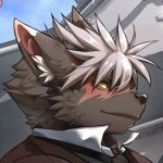  1:1 2020 anthro black_nose canid canine canis clothed clothing domestic_dog facial_scar grey_hair hair inuyamatadatomo male mammal necktie red_eyes scar solo tadatomo tokyo_afterschool_summoners topwear video_games yellow_sclera 