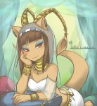  1girl 2014 aisha_(neopets) animal_ears bangs blunt_bangs bracelet breasts brown_eyes brown_hair closed_mouth commentary earrings english_commentary eyeshadow highres iimia jewelry long_hair looking_at_viewer makeup neopets pillow princess_amira shadow signature small_breasts smile tail 