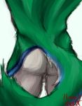  absurd_res anthro balls butt butt_focus canid canine canis domestic_dog fur genitals green_body green_fur hermesdidit hi_res male mammal multicolored_body multicolored_fur nude simple_background sketch solo treed_(character) 