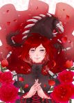  1girl beowolf breasts bullet cape collar corset cross dress eyebrows_visible_through_hair flower frilled_collar frilled_dress frilled_sleeves frills grimm hand_up hands_together looking_at_viewer petals red_cape red_flower red_hair rose rose_petals ruby_rose rwby shell_casing short_hair silver_eyes simple_background smile smoking solo tanoshihana thorns white_background 
