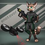  1:1 anthro avioylin clothing determined drone_(vehicle) futuristic gun laser male mammal military presenting procyonid raccoon ranged_weapon solo standing submachine_gun tight_clothing weapon 