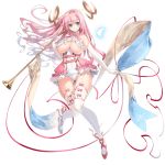  1girl bangs blue_eyes breasts dennou_tenshi_jibril elbow_gloves floating_hair full_body garter_straps gloves holding holding_instrument huge_breasts instrument long_hair looking_at_viewer official_art pink_hair red_ribbon ribbon smile solo thighhighs transparent_background trumpet underboob white_gloves white_legwear 