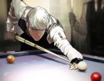  2boys absurdres aiming alternate_costume bangs billiards black_gloves black_vest blurry blurry_background btmr_game closed_mouth copyright_name cue_stick fingerless_gloves gloves highres long_sleeves male_focus multiple_boys narukami_yuu persona persona_4 pool_table signature silver_hair single_glove solo_focus vest 