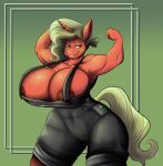  absurd_res anthro areola areola_slip big_breasts breasts cleavage clothed clothing equid equine female freehdmcgee hasbro hi_res horn huge_breasts mammal muscular muscular_female my_little_pony overalls pose red_body unicorn 