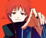  1boy absurdres black_jacket black_nails brown_eyes hand_up high_collar highres jacket long_sleeves looking_at_viewer male_focus nail_polish naruto_(series) naruto_shippuuden orange_background parted_lips red_hair sasori signature smile sofra solo string twitter_username upper_body wide_sleeves 