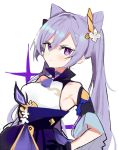  1girl bangs blush breasts closed_mouth detached_sleeves double_bun dress genshin_impact hair_between_eyes hair_ornament hand_on_hip keqing long_hair looking_at_viewer medium_breasts pinch_(nesume) purple_eyes purple_hair simple_background solo twintails upper_body white_background 