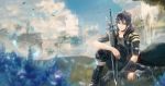  1boy akebono48 black_hair black_jacket boots castle cloud final_fantasy final_fantasy_xv floating_island flower gloves grass highres jacket jewelry noctis_lucis_caelum petals ring single_glove sitting smile solo sword weapon 