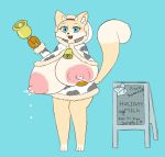  accessory animal_print anthro bell big_breasts blush bodily_fluids breasts clothed clothing cow_print cowbell domestic_cat exposed_breasts felid feline felis female hi_res horn huge_breasts hyper hyper_breasts lactating mammal milk nipples partially_clothed simple_background solo wafflecat 