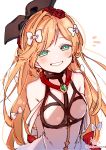  1girl bare_shoulders black_ribbon blonde_hair blush bow chest_harness clarisse_(granblue_fantasy) dress flower gem granblue_fantasy green_eyes grin hair_bow hair_flower hair_ornament hair_ribbon harness highres long_hair looking_at_viewer notice_lines red_flower red_ribbon red_rose ribbon rose signature smile sofra solo twitter_username very_long_hair white_background white_bow white_dress 