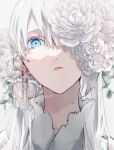  1girl asymmetrical_hair bangs blue_eyes english_commentary face flower highres lipstick long_hair looking_at_viewer makeup one_eye_covered original peony_(flower) portrait sidelocks solo white_background white_flower white_hair white_theme yagi_(shiro_yagi) 