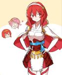  &gt;o&lt; 3girls blush bow capelet cosplay costume_switch elbow_gloves fire_emblem fire_emblem:_mystery_of_the_emblem fire_emblem_fates gloves hairband hands_on_hips heart highres kawazu_(pixiv22469761) kwz_ini maria_(fire_emblem) minerva_(fire_emblem) multiple_girls red_eyes red_hair sakura_(fire_emblem) skirt white_gloves 