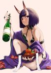  1girl bangs bare_shoulders blush bob_cut bottle breasts bridal_gauntlets collarbone eyeliner fate/grand_order fate_(series) food fruit fruit_bowl headpiece highres horns japanese_clothes kimono long_sleeves looking_at_viewer makeup off_shoulder oni oni_horns open_clothes open_kimono purple_eyes purple_hair purple_kimono revealing_clothes sailen0 sake_bottle short_hair shuten_douji_(fate/grand_order) sitting skin-covered_horns small_breasts smile wide_sleeves 