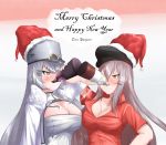  2girls absurdres alcohol azur_lane blush bottle breasts character_name christmas cleavage commentary drinking english_commentary english_text gangut_(azur_lane) gangut_(kantai_collection) hat highres kantai_collection large_breasts long_hair long_sleeves multiple_girls namesake peaked_cap red_eyes red_shirt santa_hat shirt short_sleeves sidoaldo silver_hair 