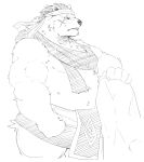  5_fingers accessory anthro biceps biped claws clothed clothing facial_scar fingers gindan hair headband hi_res male mammal monochrome razorclaw_(sdorica_sunset) scar sdorica sdorica_sunset solo topless ursid 
