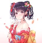  1girl bare_shoulders black_hair bunny_hair_ornament collarbone commentary_request double_bun fangs finger_to_mouth flat_chest flower from_side fukumaru_koito hair_flower hair_ornament hair_ribbon highres idolmaster idolmaster_shiny_colors japanese_clothes kimono looking_at_viewer off_shoulder purple_eyes red_kimono ribbon short_twintails skin_fangs sky_cappuccino solo twintails upper_body wavy_hair white_background 
