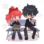  1boy 1girl absurdres amamiya_ren bangs bench bird black_eyes black_hair black_jacket black_legwear bow btmr_game chibi chopsticks eating food hair_between_eyes hair_bow highres holding holding_chopsticks holding_food jacket long_hair long_sleeves obentou open_mouth pants pantyhose persona persona_5 plaid plaid_pants ponytail red_bow red_eyes red_hair school_uniform shuujin_academy_uniform signature simple_background sitting skirt smile yoshizawa_kasumi 