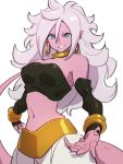  1girl android_21 black_nails blue_eyes bracelet breasts choker cleavage colored_skin dragon_ball dragon_ball_fighterz earrings hair_between_eyes hoop_earrings jewelry kemachiku long_hair looking_at_viewer majin_android_21 medium_breasts midriff nail_polish navel pink_skin pointy_ears simple_background smile solo tail white_background white_hair yellow_choker 