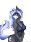  anthro artist_name bare_shoulders big_breasts blue_eyes blue_mane blue_tail breasts cutie_mark equid equine eyelashes female freckles friendship_is_magic grey_body grey_skin hi_res horn looking_at_viewer mammal mane markings my_little_pony nightmare_moon_(mlp) simple_background smile solo unicorn unicorn_horn watermark white_background white_markings white_muzzle 
