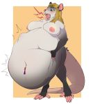  anthro belly big_belly blonde_hair bodily_fluids burping didelphid female female_pred hair hi_res holding_belly knottytracker mammal marsupial navel navel_piercing nipples nude open_mouth oral_vore piercing saliva solo_focus struggling thick_tail vore 