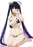  1girl :q animal_ears animal_print artist_name azur_lane bangs bell bell_collar bikini black_hair bottle breast_hold breasts collar cow_ears cow_girl cow_horns cow_print cowbell crossed_bangs full_body halter_top halterneck highres horns large_breasts long_hair milk milk_bottle o-ring o-ring_bikini pouring_onto_self red_eyes sexually_suggestive solo suggestive_fluid swimsuit taihou_(azur_lane) tongue tongue_out twintails very_long_hair yorugami_rei 