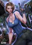  1girl black_gloves black_pants blue_eyes blue_shirt breasts brown_hair cleavage covered_navel cowboy_shot fingerless_gloves gloves gun handgun hibren highres holding holding_gun holding_weapon jewelry jill_valentine large_breasts looking_at_viewer necklace pants parted_lips partially_unbuttoned resident_evil shirt short_hair signature solo weapon zombie 