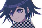  1boy bangs checkered checkered_scarf closed_mouth danganronpa_(series) danganronpa_v3:_killing_harmony face hair_between_eyes looking_to_the_side male_focus ouma_kokichi purple_eyes purple_hair scarf short_hair simple_background smile solo tei_(auntaso) unmoving_pattern white_background 