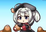  1girl ahoge animal animal_on_head artist_name azur_lane bird bird_on_head black_dress blue_background blue_eyes chibi chicken dress holding holding_animal holding_bird medium_hair on_head senhayama_(racoon) silver_hair simple_background solo z28_(azur_lane) 